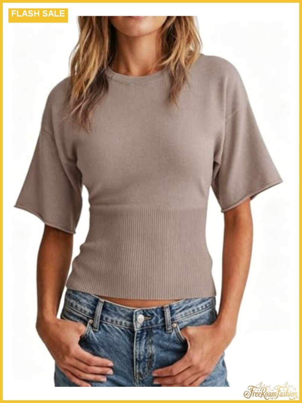 Womens Short Sleeve Ribbed Knit Sweater Cinched Waist Fitted Pullover Summer Top